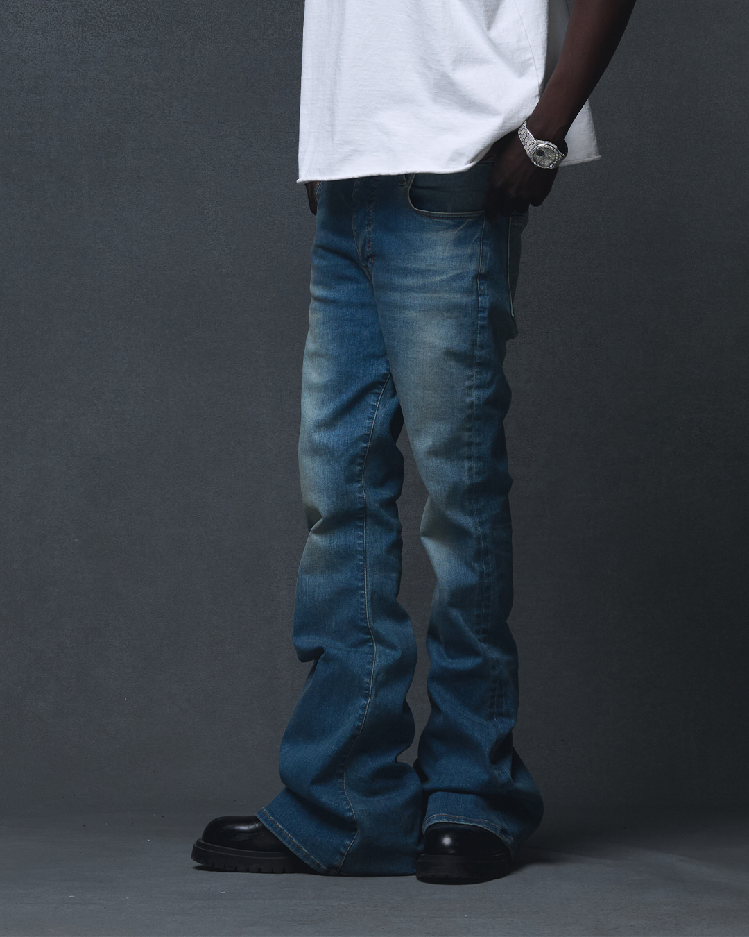 DENIM FLARE PANTS - BLUE