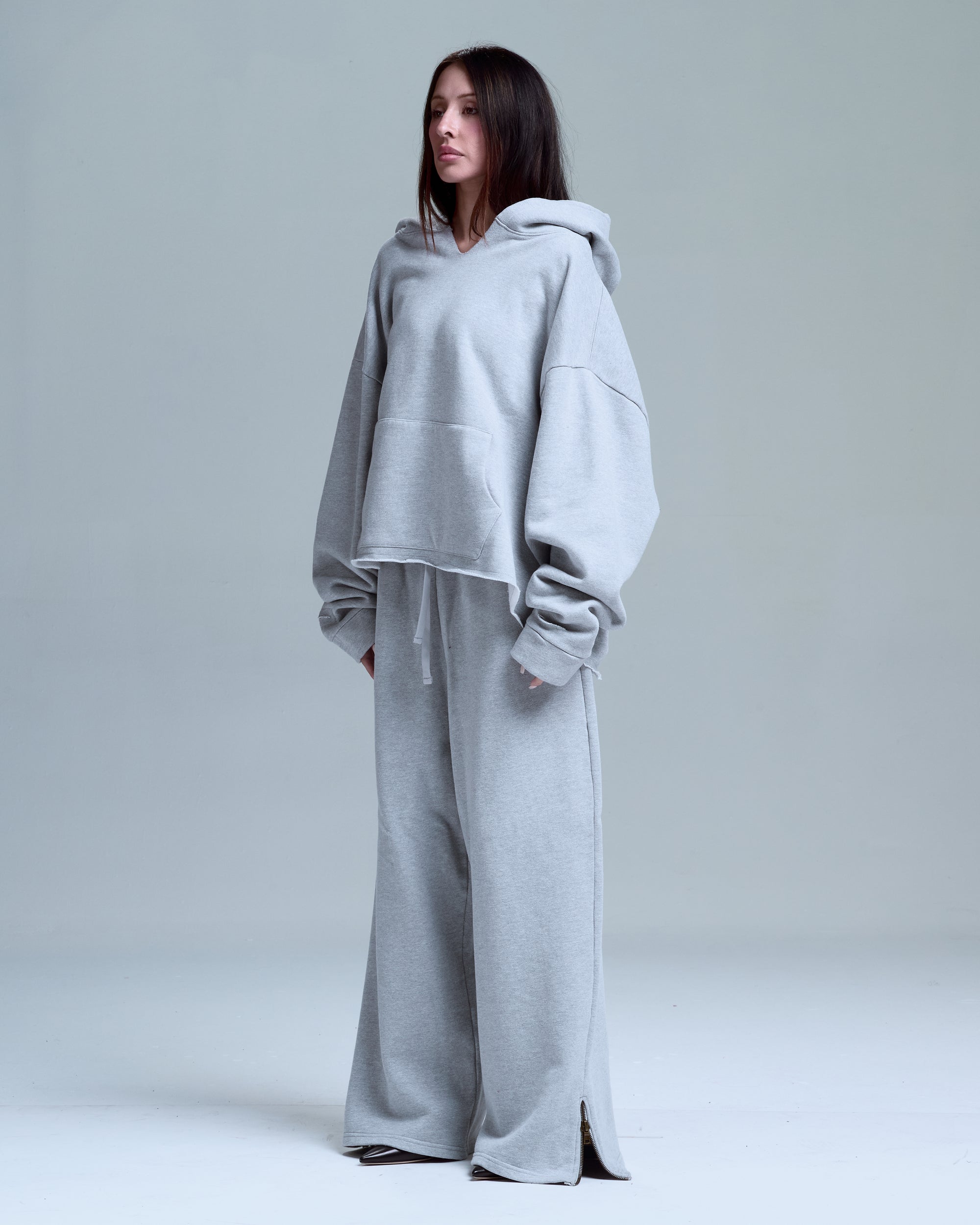 WOMENS CUT OFF HOODIE - HEATHER GREY