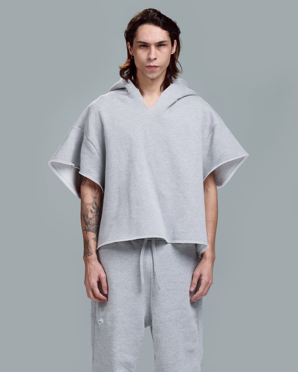 CUT OFF HOODIE -HEATHER GREY