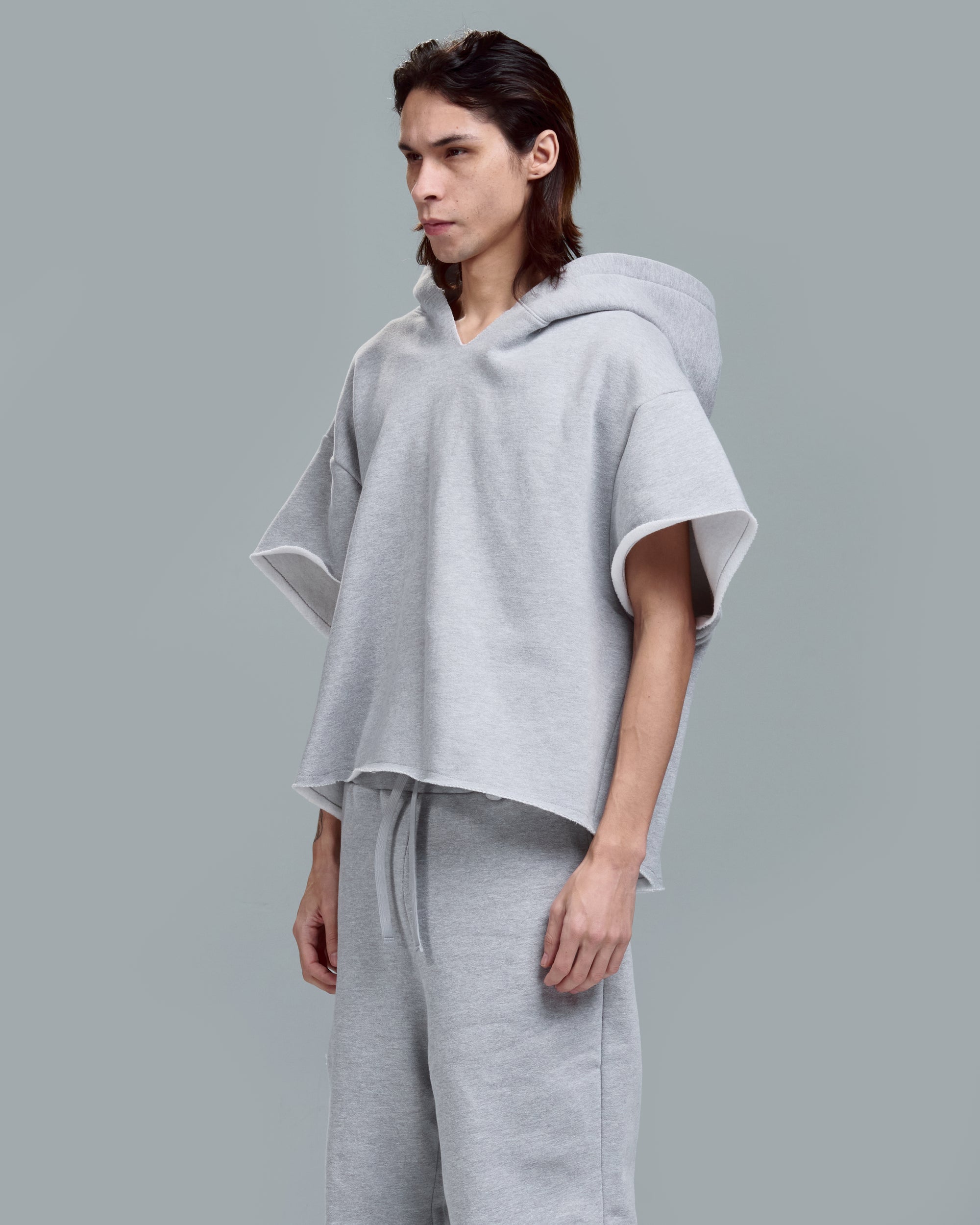 CUT OFF HOODIE -HEATHER GREY
